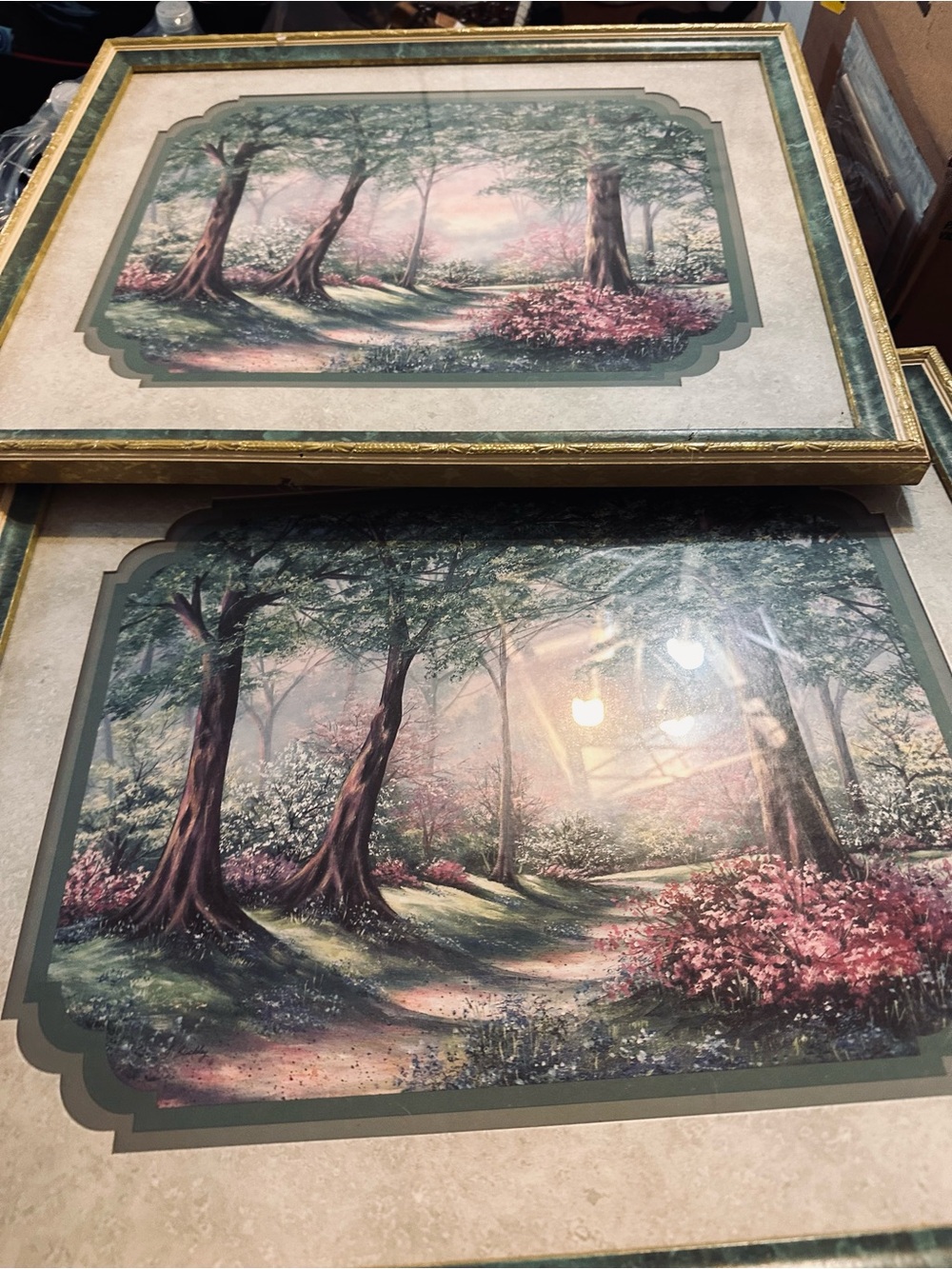Framed Woodland Path Art Print in Green and Pink